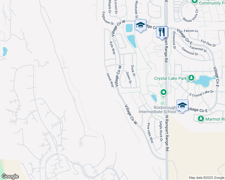 map of restaurants, bars, coffee shops, grocery stores, and more near 7561 Jared Way in Littleton