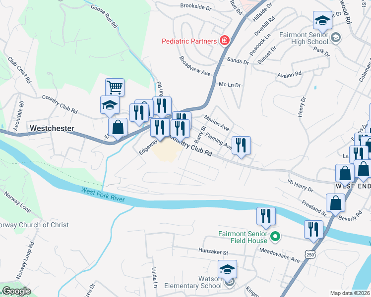 map of restaurants, bars, coffee shops, grocery stores, and more near 1-7 Linmar Dr in Fairmont