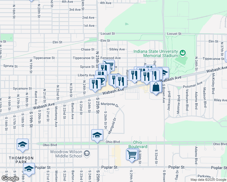 map of restaurants, bars, coffee shops, grocery stores, and more near 2570 Wabash Ave in Terre Haute