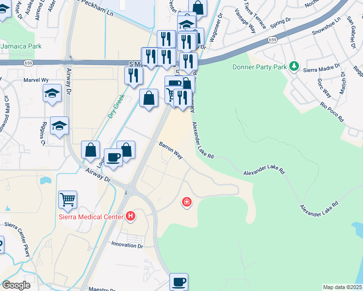 map of restaurants, bars, coffee shops, grocery stores, and more near 3663 Barron Way in Reno