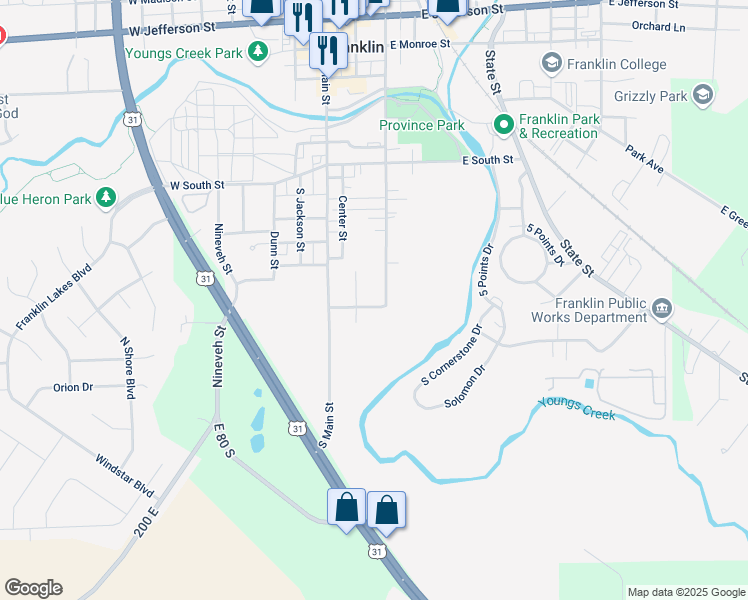 map of restaurants, bars, coffee shops, grocery stores, and more near 131 Champ Ulysses Street in Franklin