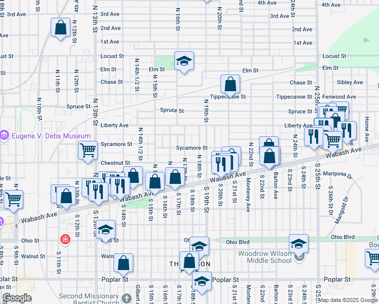 map of restaurants, bars, coffee shops, grocery stores, and more near 1702 Chestnut Street in Terre Haute