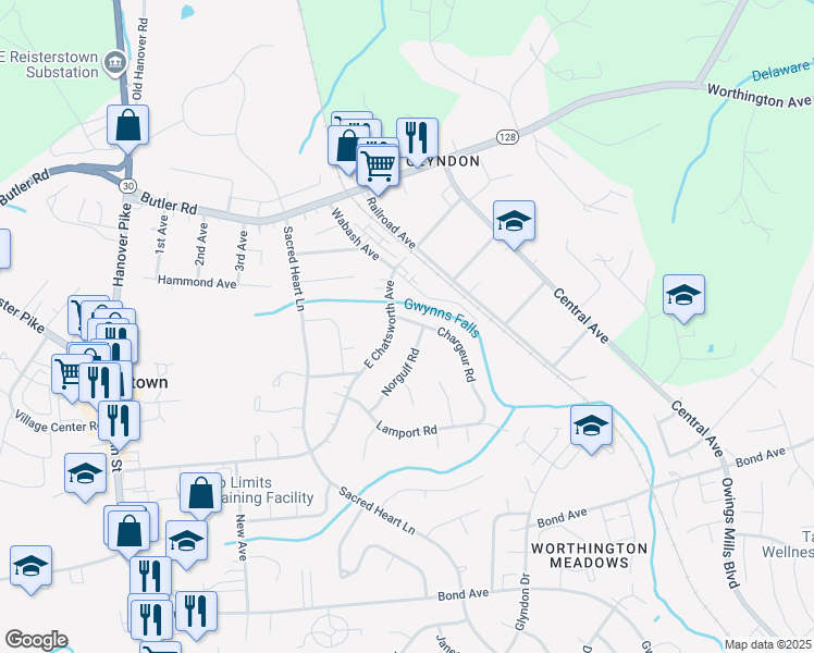 map of restaurants, bars, coffee shops, grocery stores, and more near 102 Chargeur Road in Reisterstown