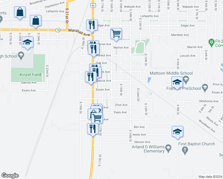 map of restaurants, bars, coffee shops, grocery stores, and more near 1127 South 16th Street in Mattoon