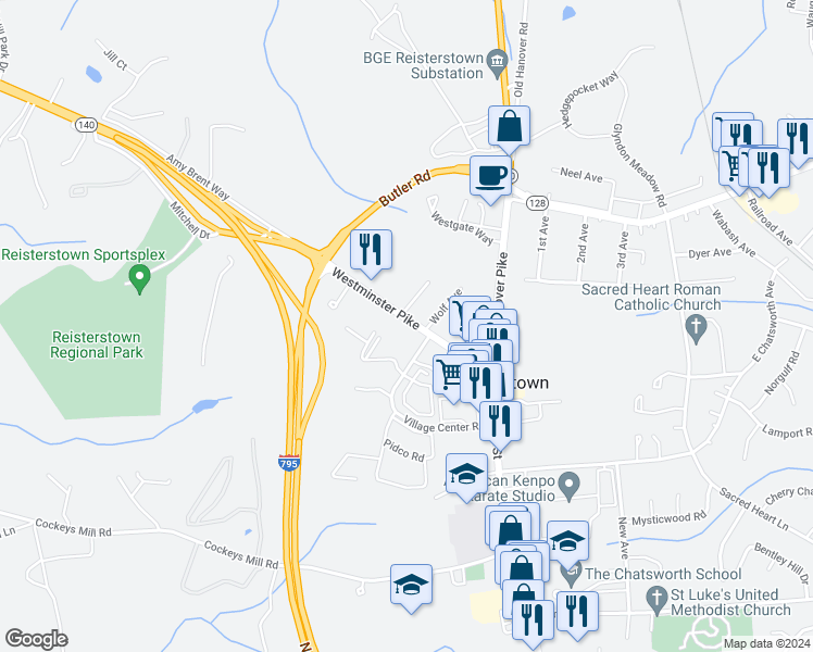 map of restaurants, bars, coffee shops, grocery stores, and more near 107 Westminster Pike in Reisterstown