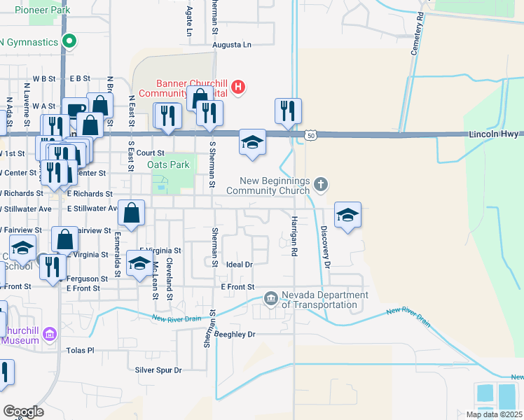map of restaurants, bars, coffee shops, grocery stores, and more near 835 East Stillwater Avenue in Fallon