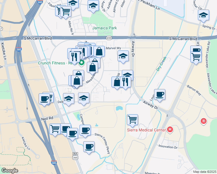 map of restaurants, bars, coffee shops, grocery stores, and more near 1543 Delucchi Lane in Reno