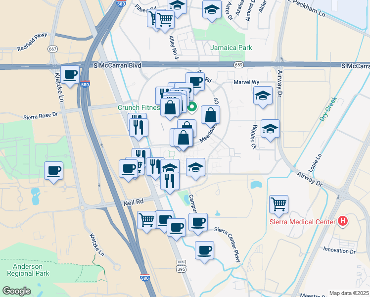 map of restaurants, bars, coffee shops, grocery stores, and more near 6200 Meadowood Mall Circle in Reno