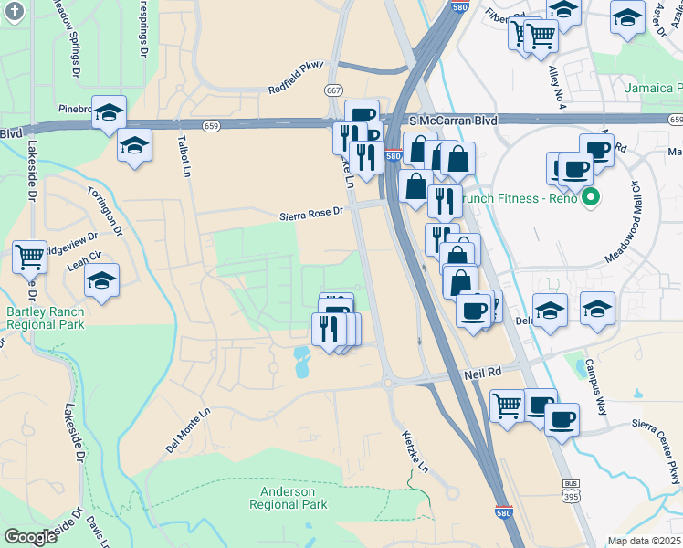 map of restaurants, bars, coffee shops, grocery stores, and more near 5255 Kietzke Lane in Reno