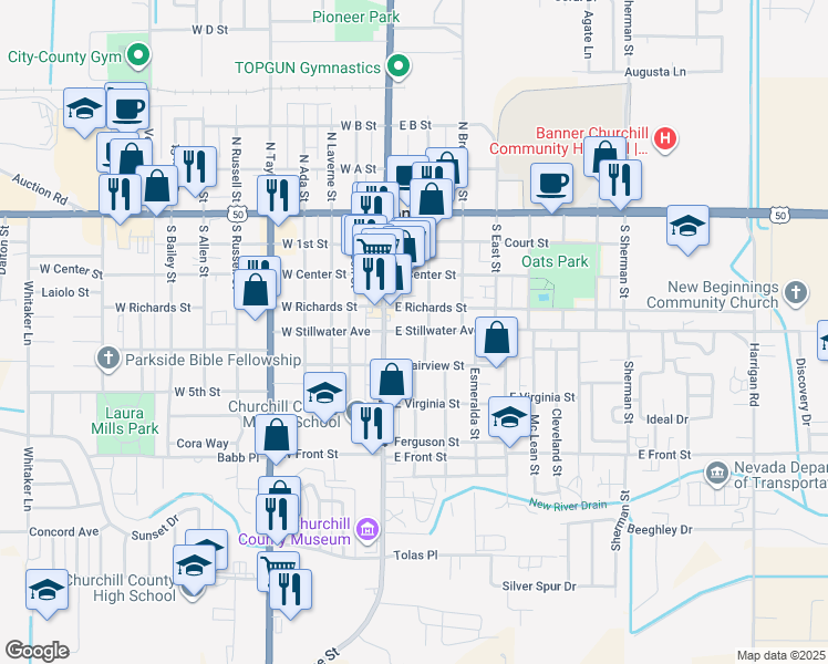 map of restaurants, bars, coffee shops, grocery stores, and more near 62 East Stillwater Avenue in Fallon