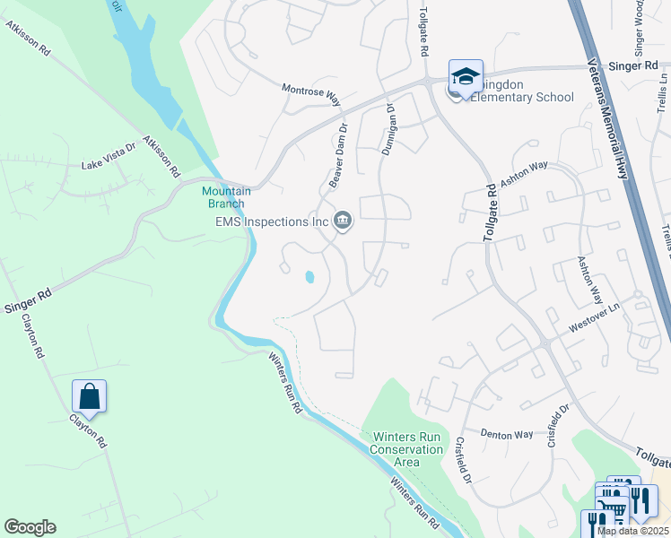 map of restaurants, bars, coffee shops, grocery stores, and more near 2315 Kateland Court in Abingdon