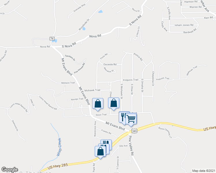 map of restaurants, bars, coffee shops, grocery stores, and more near 13381 South Choctaw Street in Pine
