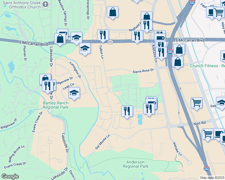map of restaurants, bars, coffee shops, grocery stores, and more near 5501 Western Rider Trail in Reno