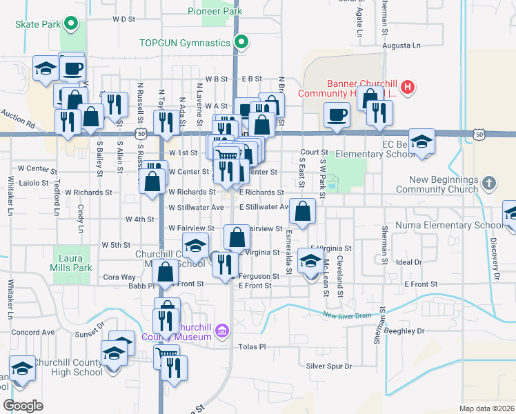 map of restaurants, bars, coffee shops, grocery stores, and more near 93 East Stillwater Avenue in Fallon