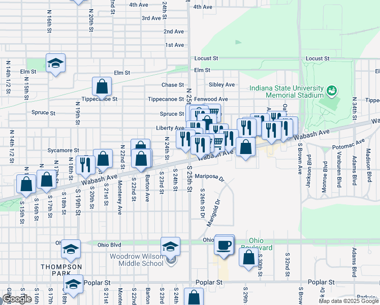 map of restaurants, bars, coffee shops, grocery stores, and more near 1 North 25th Street in Terre Haute
