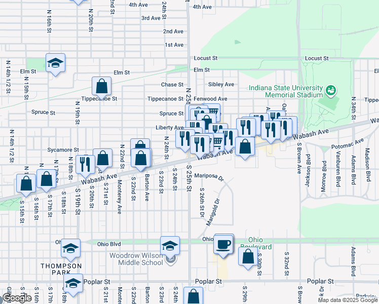 map of restaurants, bars, coffee shops, grocery stores, and more near 2 North 25th Street in Terre Haute