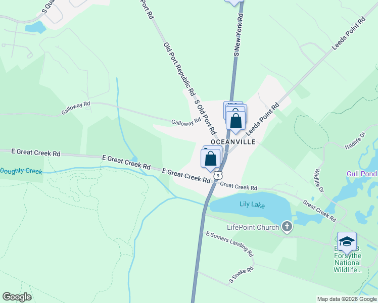 map of restaurants, bars, coffee shops, grocery stores, and more near 637 East Great Creek Road in Galloway