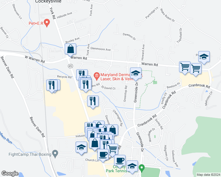 map of restaurants, bars, coffee shops, grocery stores, and more near 229 Saint David Court in Cockeysville