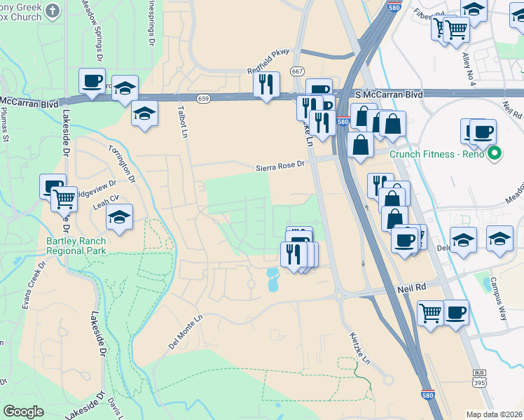 map of restaurants, bars, coffee shops, grocery stores, and more near 5524 Dapplegray Way in Reno