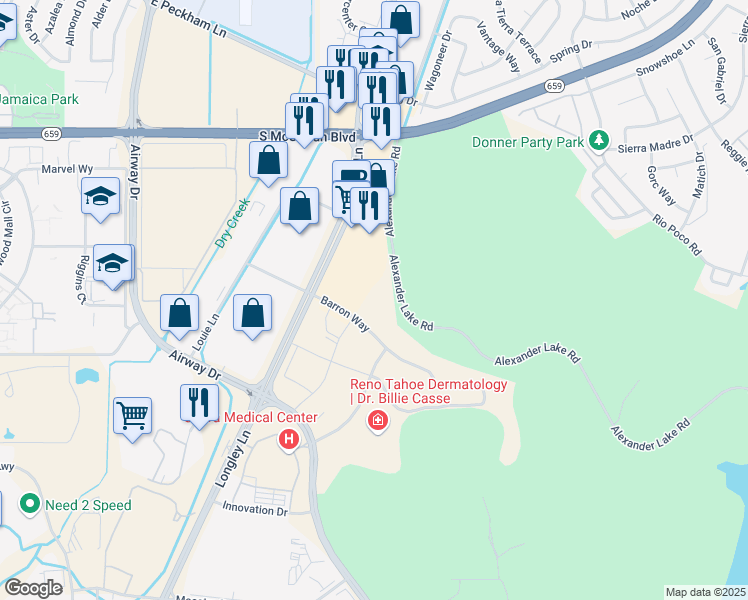 map of restaurants, bars, coffee shops, grocery stores, and more near 3663 Barron Way in Reno