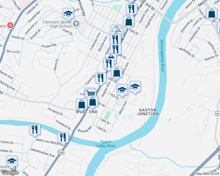 map of restaurants, bars, coffee shops, grocery stores, and more near 307 11th Street in Fairmont