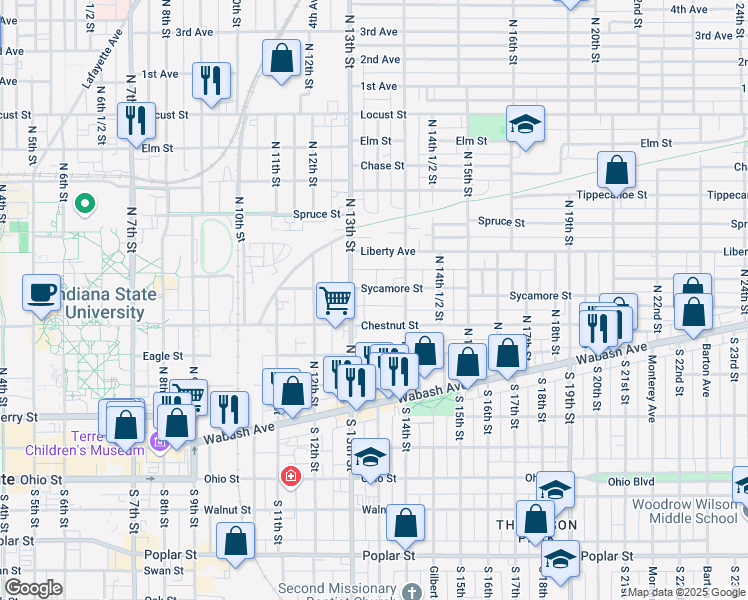 map of restaurants, bars, coffee shops, grocery stores, and more near 1354 Chestnut Street in Terre Haute