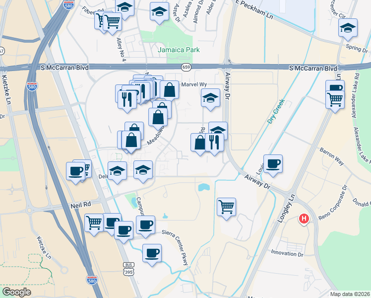 map of restaurants, bars, coffee shops, grocery stores, and more near 1547 Delucchi Lane in Reno
