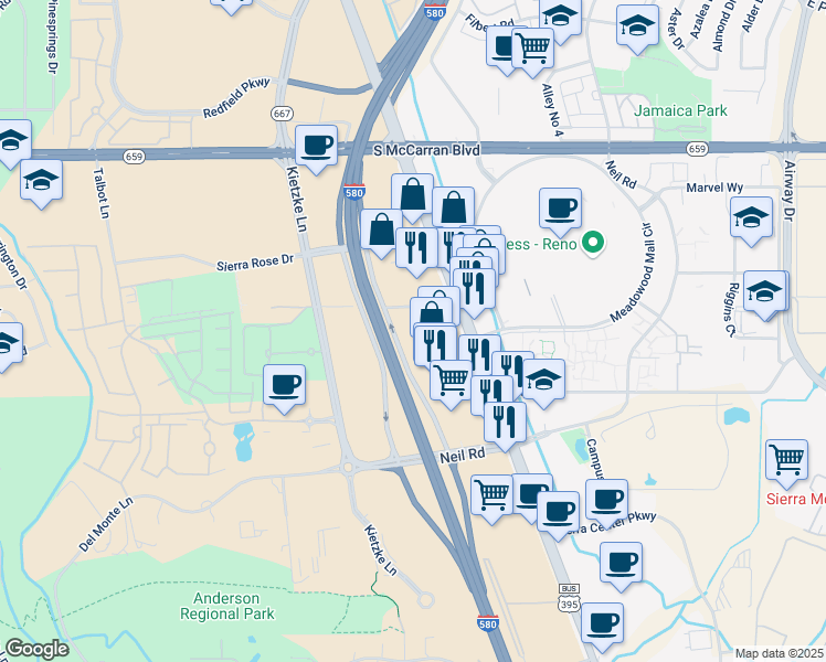 map of restaurants, bars, coffee shops, grocery stores, and more near 5995 South Virginia Street in Reno