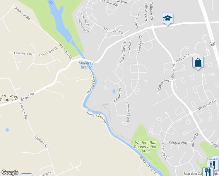 map of restaurants, bars, coffee shops, grocery stores, and more near 713 Shallow Ridge Court in Abingdon