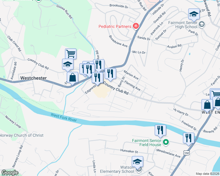 map of restaurants, bars, coffee shops, grocery stores, and more near 7 Linmar Dr in Fairmont