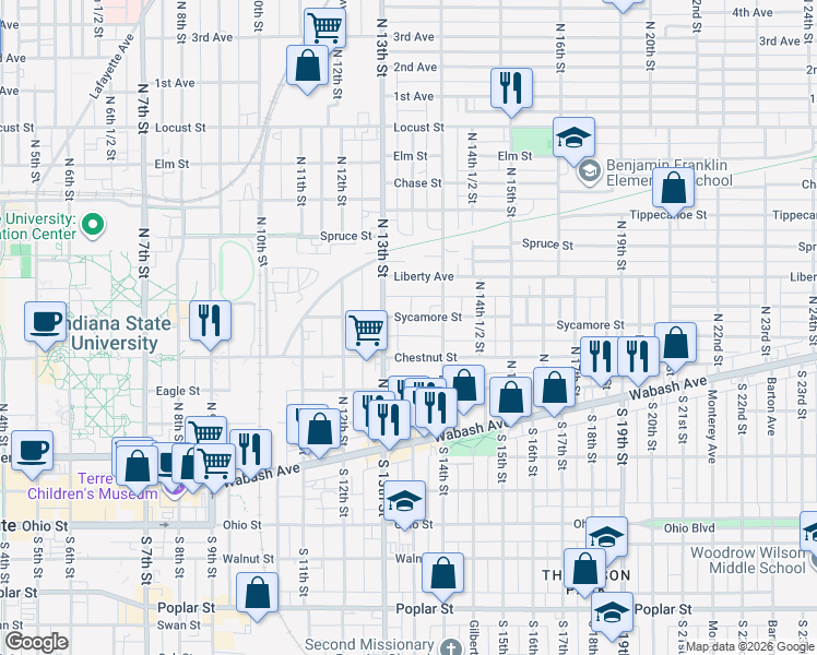 map of restaurants, bars, coffee shops, grocery stores, and more near 1354 Chestnut Street in Terre Haute