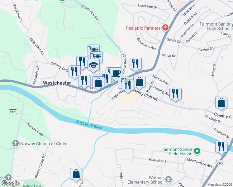 map of restaurants, bars, coffee shops, grocery stores, and more near 1501-1599 Edgeway Drive in Fairmont