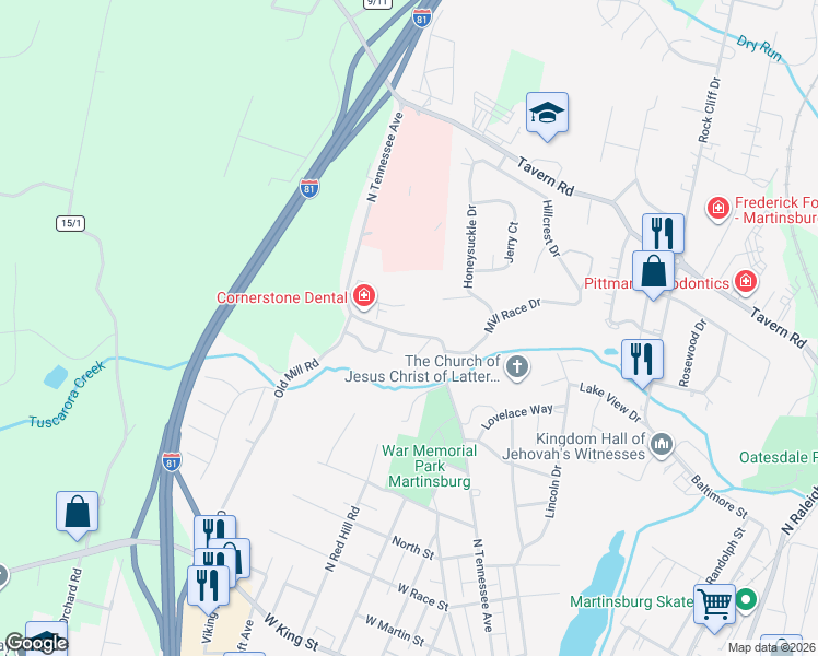 map of restaurants, bars, coffee shops, grocery stores, and more near 609 North Tennessee Avenue in Martinsburg