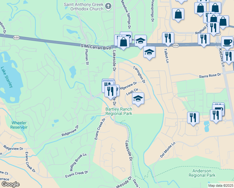map of restaurants, bars, coffee shops, grocery stores, and more near 6135 Lakeside Drive in Reno