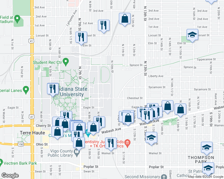 map of restaurants, bars, coffee shops, grocery stores, and more near 415 North 10th Street in Terre Haute