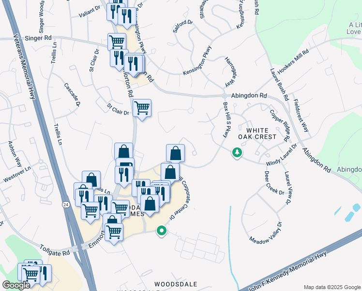 map of restaurants, bars, coffee shops, grocery stores, and more near 3103 Hidden Ridge Terrace in Abingdon