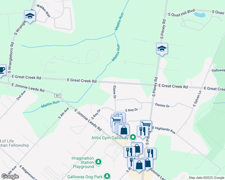 map of restaurants, bars, coffee shops, grocery stores, and more near 205 Elaine Drive in Galloway
