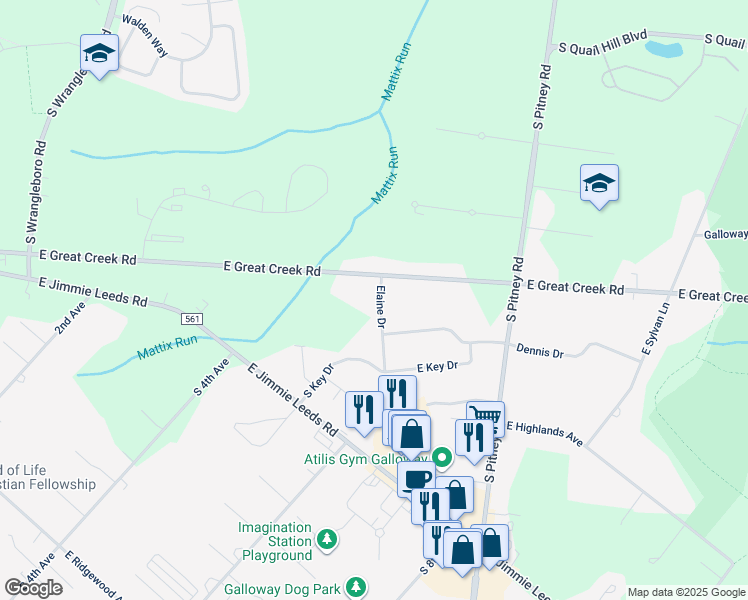 map of restaurants, bars, coffee shops, grocery stores, and more near 205 Elaine Drive in Galloway