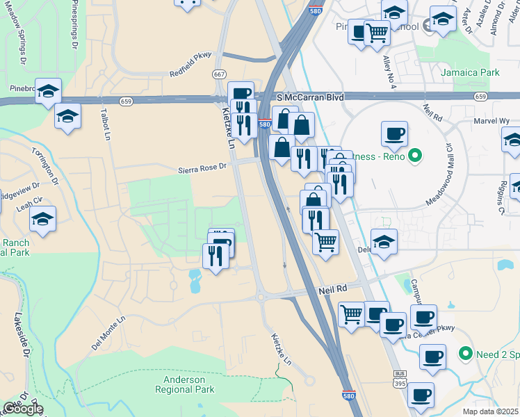 map of restaurants, bars, coffee shops, grocery stores, and more near 5310 Kietzke Lane in Reno