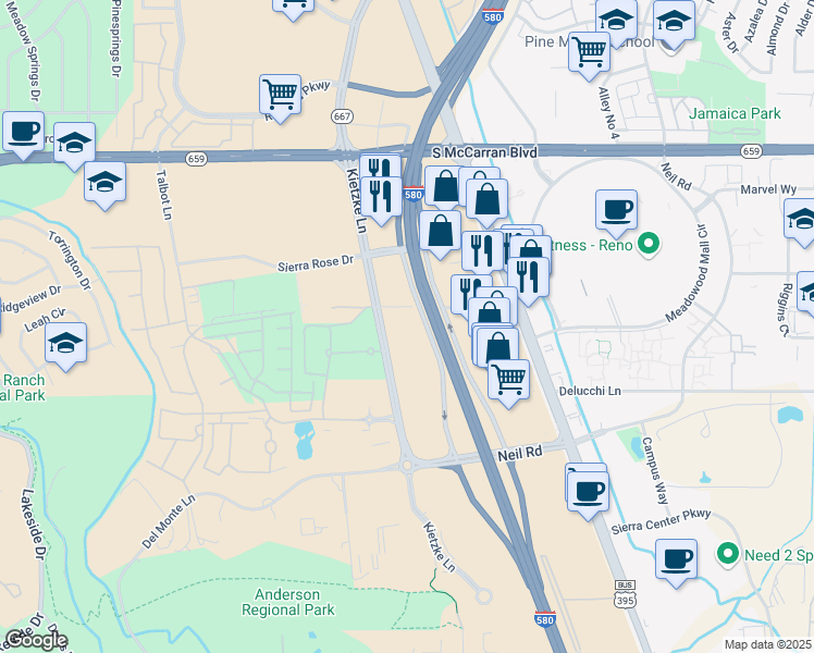 map of restaurants, bars, coffee shops, grocery stores, and more near 5310 Kietzke Lane in Reno