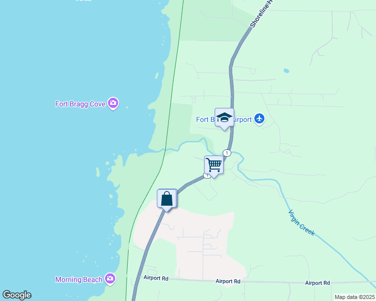 map of restaurants, bars, coffee shops, grocery stores, and more near 22700 California 1 in Fort Bragg