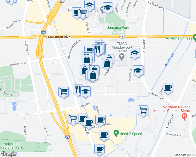 map of restaurants, bars, coffee shops, grocery stores, and more near 5355 Meadowood Mall Circle in Reno