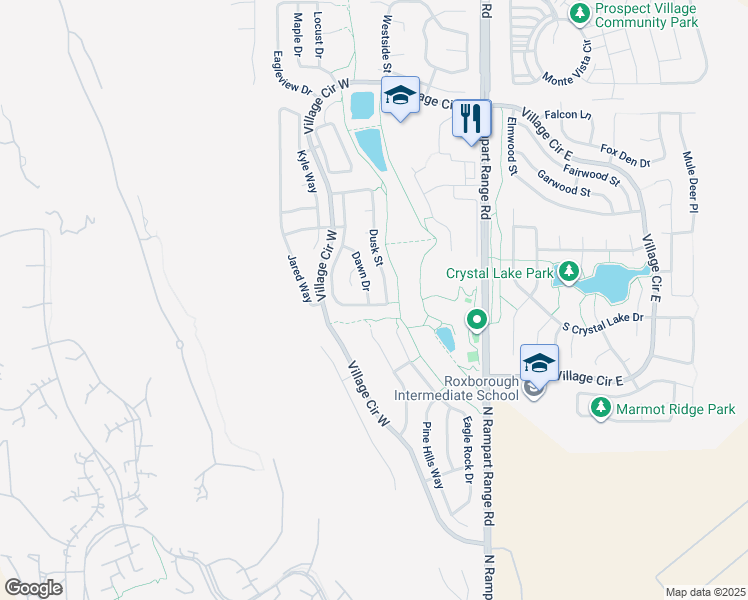 map of restaurants, bars, coffee shops, grocery stores, and more near 7531 Halleys Drive in Littleton