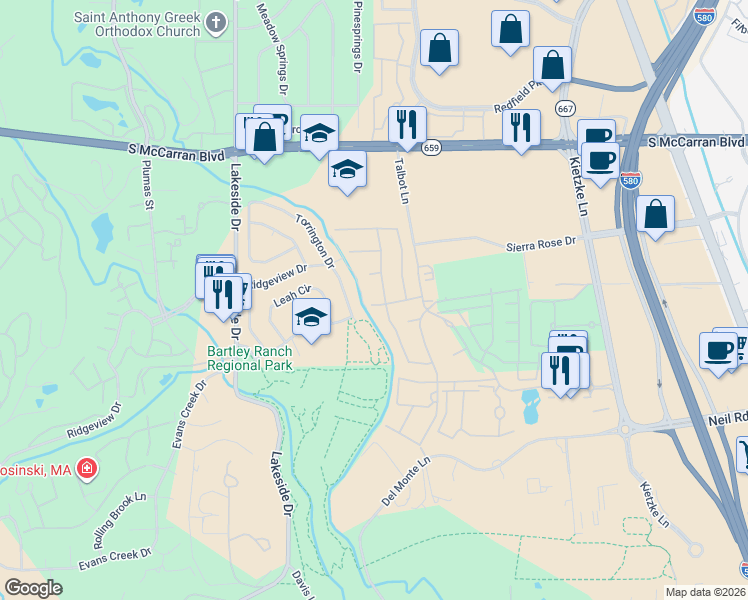 map of restaurants, bars, coffee shops, grocery stores, and more near 6142 Torrington Drive in Reno