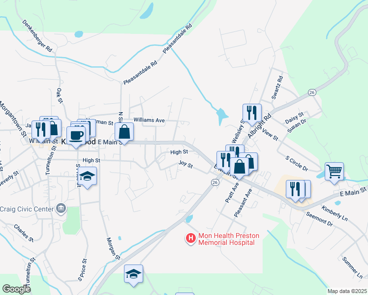 map of restaurants, bars, coffee shops, grocery stores, and more near 226 East High Street in Kingwood