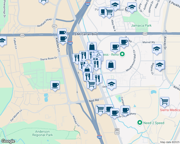 map of restaurants, bars, coffee shops, grocery stores, and more near 6001 South Virginia Street in Reno