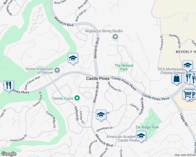 map of restaurants, bars, coffee shops, grocery stores, and more near in Castle Pines