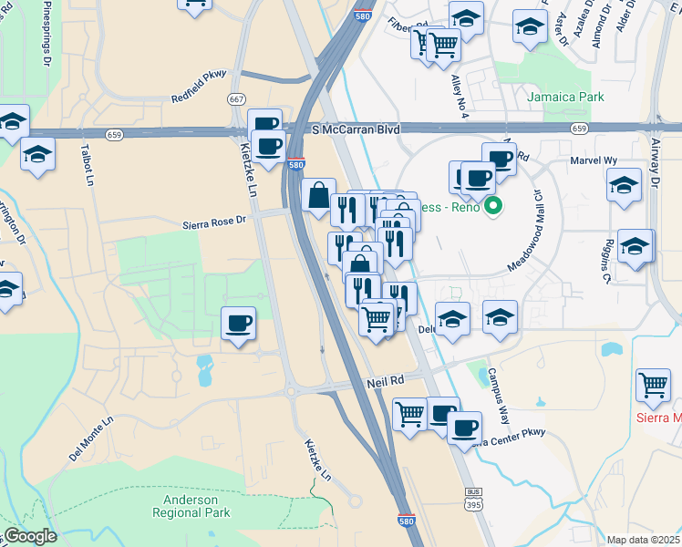 map of restaurants, bars, coffee shops, grocery stores, and more near 5995 South Virginia Street in Reno