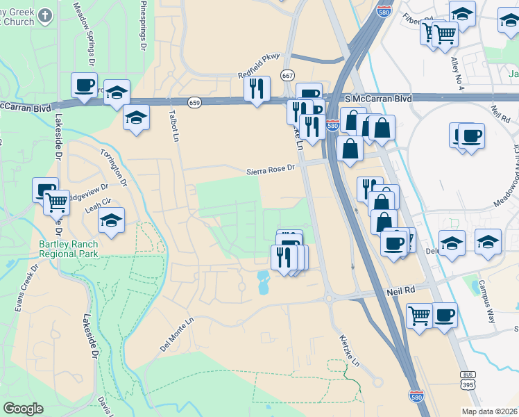 map of restaurants, bars, coffee shops, grocery stores, and more near 5524 Dapplegray Way in Reno