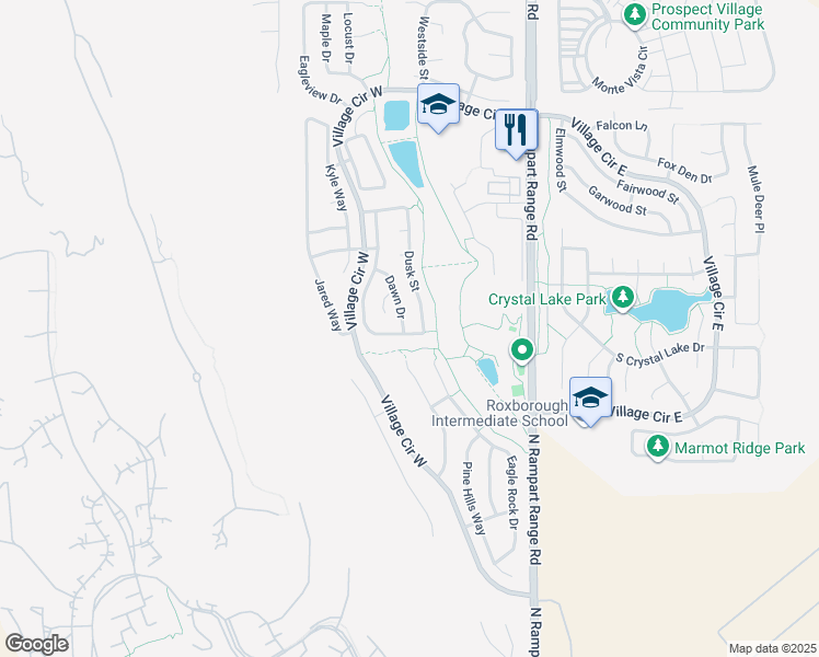 map of restaurants, bars, coffee shops, grocery stores, and more near 7531 Halleys Drive in Littleton